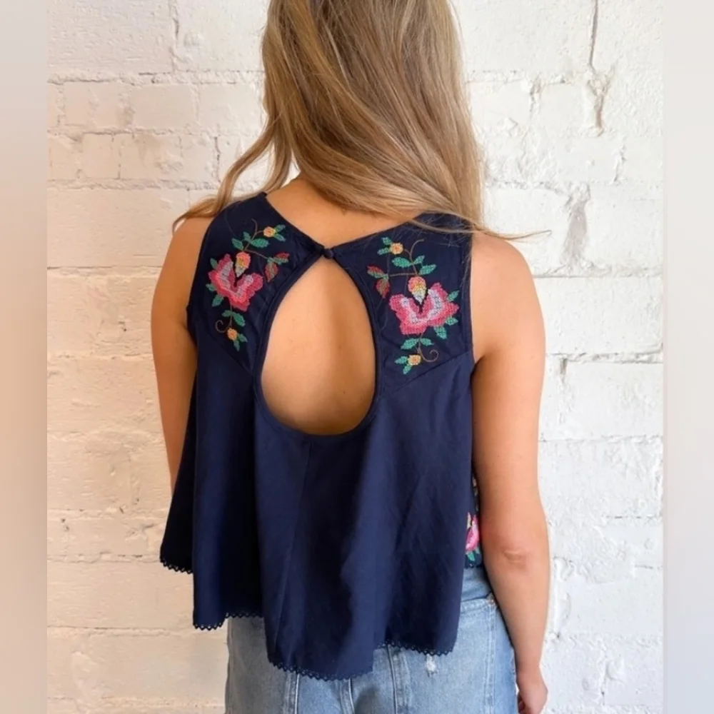 Free People Fun And Flirty Embroidered Top/Cobalt Blue Combo